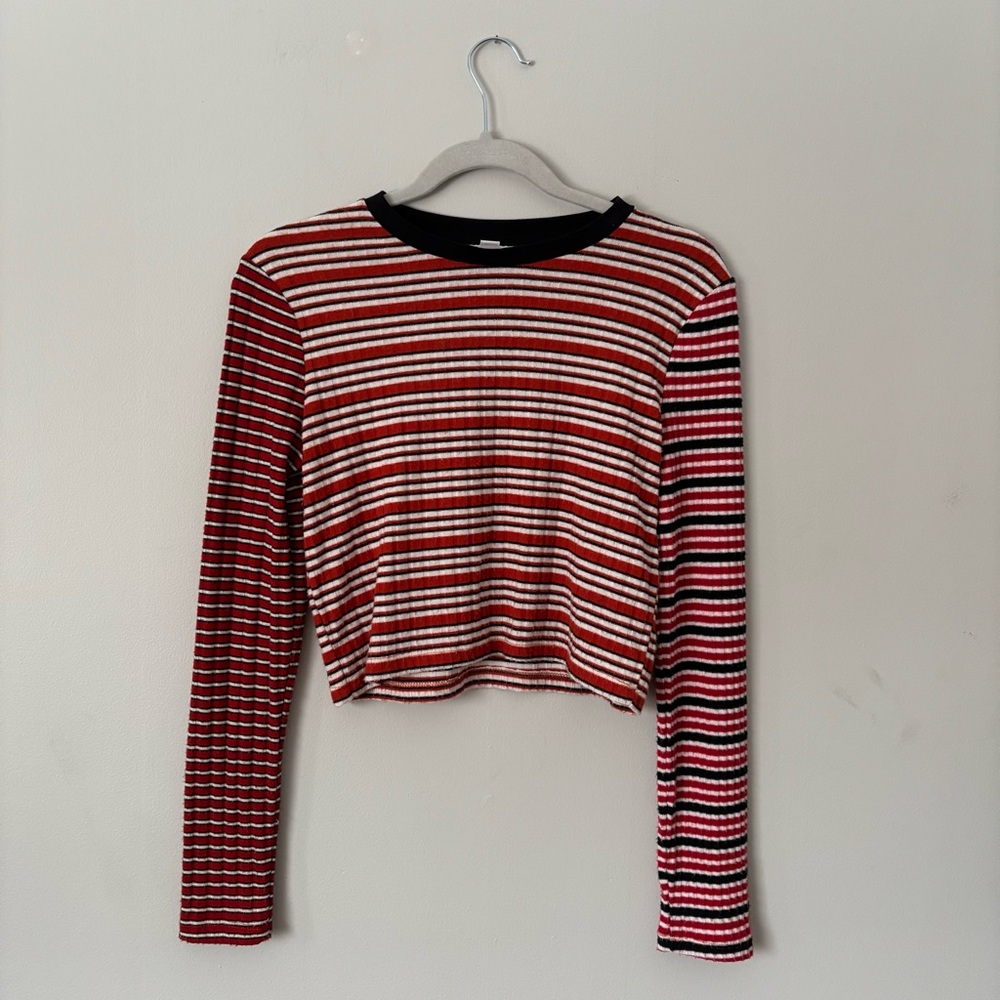 Topshop Red and Black Striped Long Sleeve Crop Top